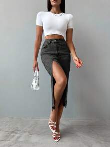 Cottnline Zipper Fly Raw Edge Split Thigh Denim Skirt - Dark Grey - View 3
