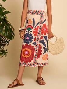 SHEIN Tween Girl Woven Vintage Floral Print A-Line Skirt