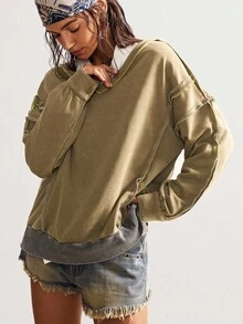 Bohemela Boho Autumn/Winter Vintage Casual Women's Casual Solid Color V-Neck Long Sleeve Loose Knit Oliver Green Sweatshirt Earthy , Western Country Style Concert Vacation, Suitable For Vacation & Daily Wear & Back To School & Going Out, Halloween