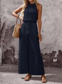 EMERY ROSE Women's Vacation Solid Color Pleated Waist Tassel Tie Pocket Wide Leg Loose Casual Jumpsuit Navy Blue Jumpsuit Women Halter Jumpsuits For Women Women Jumpsuits Summer Casual Jumpsuits For Women Summer Jumpsuits For Women - Blue - View 4