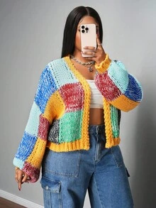 Slaydiva Plus Size Women's Contrast Color Block Chunky Knit Cardigan,Yellow Autumn Everyday Smart Casual Drop Shoulder Loose Crochet Knitted Cardigan For Fall - Multicolor - View 10