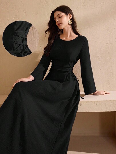 Graceveil Women's Solid Color Minimalist Daily Wear Round Neck Long Sleeve Dress