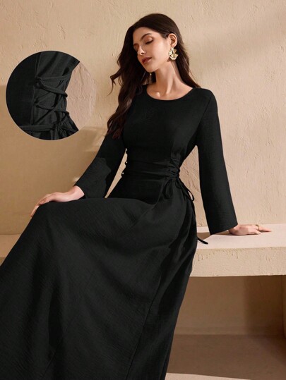 Graceveil Women's Solid Color Minimalist Daily Wear Round Neck Long Sleeve Dress