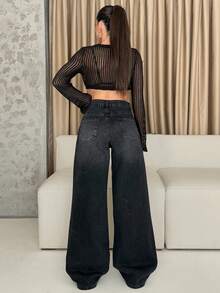 EURMUSE 100% Cotton LOW RISE WIDELEG CUT VINTAGE WASH BLACK BAGGY JEANS Jeans Wide Leg Loose Jeans - Black - View 2