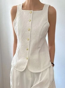 DAZY Chaleco casual sin mangas para mujer, de tela texturizada, de unicolor, cuello redondo, ajustado, chaleco de otoño - Blanco - Ver 1