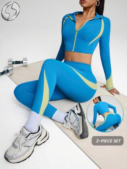Innovista Conjunto deportivo de mujer con bloqueo de color, diseño de contraste de puntadas, sofisticado diseño de dos tonos, ropa de entrenamiento transpirable, top corto con cremallera y leggings levantadores de glúteos con bolsillo para teléfono y tarjeta, conjunto de dos piezas para yoga, ciclismo, HIIT, oficina a tribunal, brunch al gimnasio, multiusos, ropa deportiva elástica todo el día