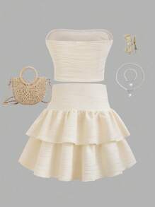 2 件套青少年女孩海滩度假休闲甜美修身抹胸和高腰荷叶边下摆迷你裙，针织纹理面料 - 杏色 - 查看 2