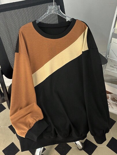 SHEIN Lacomfia Plus Size Contrast Color Round Neck Casual Pullover Sweatshirt Fall Cloth For Women Winter Autumn