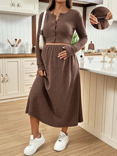 SHEIN 2 piezas Conjunto de top de manga larga con botones y falda de unicolor casual de maternidad