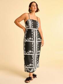 CAJUNI Plus Size Women's Vacation Casual Beach Spaghetti Strap Dress, Boho Vintage Print, Long Black Maxi Dress