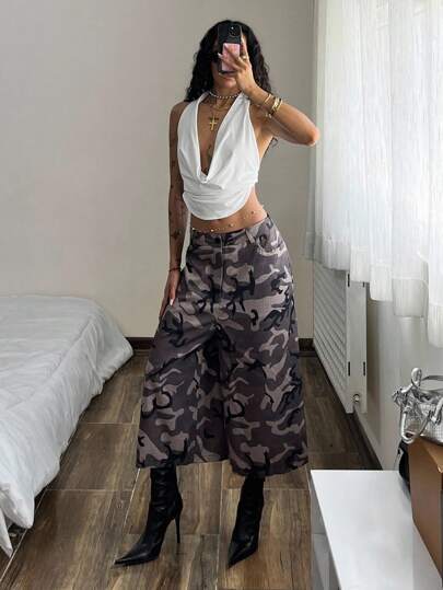 StreetHx Women's Fashionable Low-Waist Camouflage Shorts, Capri Length