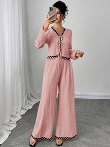 Firerie 女士米色法式灯笼袖荷叶边蝴蝶结衬衫和松紧腰裤套装，长袖长裤套装，休闲度假装 - 藕粉色 - 查看 2