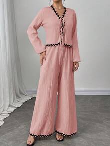 Firerie 女士米色法式灯笼袖荷叶边蝴蝶结衬衫和松紧腰裤套装，长袖长裤套装，休闲度假装 - 藕粉色 - 查看 5