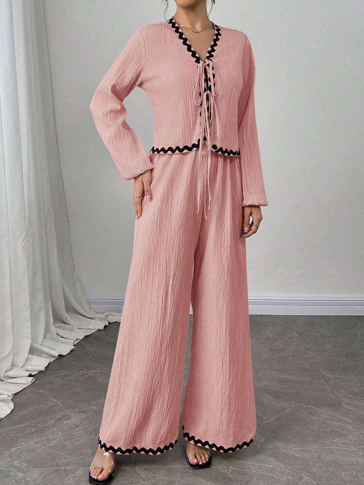 Firerie 女士米色法式灯笼袖荷叶边蝴蝶结衬衫和松紧腰裤套装，长袖长裤套装，休闲度假装 - 藕粉色 - 查看 5