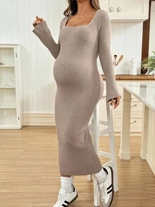 SHEIN Fall Clothes,Autumn Clothes,Maternity Autumn Clothes Maternity Fall Clothes,Autumn Clothes,Maternity Autumn Clothes Maternity Maternity Knit Sweater Dress, Warm For Fall/Winter Long Sleeve Maternity Dress Beige Maternity Dress Ribbed Maternity Dress Knitted Maternity Dress Fitted Maternity Dress - Camel - View 3