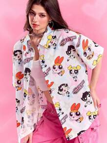 THE POWERPUFF GIRLS X SHEIN 女款白色卡通可爱宽松衬衫，花朵、泡泡、毛茛图案，基本款休闲时尚，开学季女士，开学季，学校上衣，基本款上衣，秋冬 - 彩色 - 查看 4