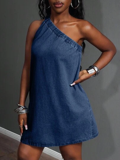 Slaydiva Plus Size Women Fall Outfits, One Shoulder Dress