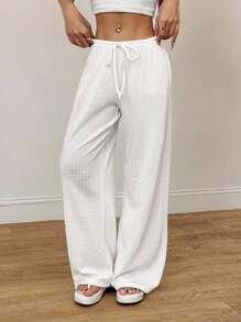 SHEIN PETITE Women's Summer New Knitted Texture Light White Casual Pants, Suitable For Vacation Wear, Autumn Winter Casual Home White Pants Women Summer Pants Comfy Pants Beach Pants Bathing Suit Cover Up Pants White Beach Pants - White - View 5