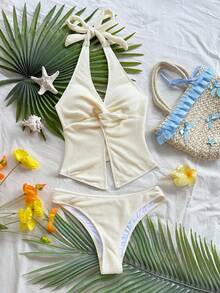 Soleia Fashionable Sexy Halter Tie Knot Hem Slit Open Back Camisole + Triangle Panty 2 Pieces Set Cream Bathing Suit Summer Bathing Suits Halter Bathing Suit,Party - Yellow - View 3