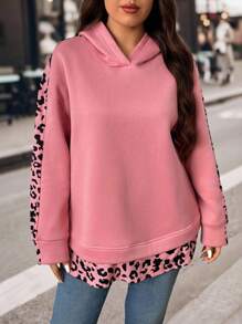 EMERY ROSE Sweatshirt Lengan Panjang Wanita Ukuran Plus Motif Leopard Kontras dengan Lapisan Fleece, Atasan Kasual untuk Aktivitas Luar Ruangan, Pullover Gaya Unik untuk Musim Gugur dan Musim Dingin. - MultiWarna - View 3