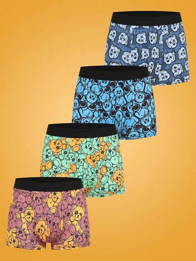 4 pièces/set Boxers décontractés pour hommes avec imprimé d'ours de bande dessinée