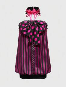 ROMWE J-Fashion Y2K 蝴蝶结前挂脖连衣裙，带颈链，罗纹设计