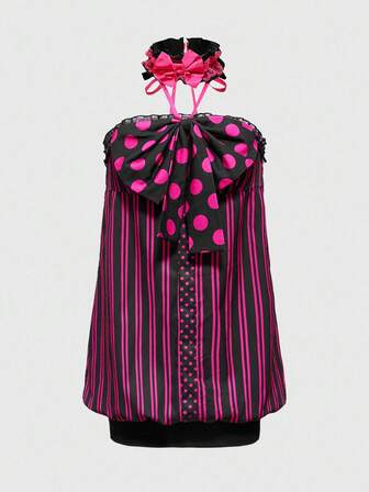 J-Fashion فستان حلقة الرقبة مع ربطة عنق أمامية، تصميم مخطط