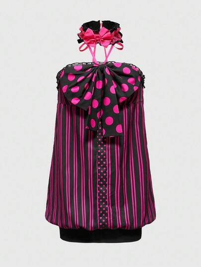 J-Fashion Robe ras-du-cou avec nœud papillon à l'avant et col ras-de-cou, design côtelé style Y2K