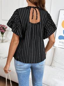 SHEIN Pregnant Women's Round Neck Cap Sleeve Ruffle Striped Casual T-Shirt, Summer - Black - View 2