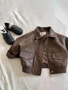 SHEIN Kids/Young Boy Casual Everyday Versatile Comfortable PU Collar Patch Pocket Loose Woven Thick Motorcycle Jacket, Suitable For School, Garden, Beach, Birthday, Spring, Summer, Fall, Winter - Bronze - View 2