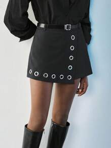 Maija Outfit Deas For Black Skort With Belt, Front Double-Breasted Design With Belt, Side Concealed Zipper Closure Y2k Women Black Skirt Edgy Woman Blazer Skirt Black Grommet Skirt Graduation Dress Women Weddings & Events - Black - View 8