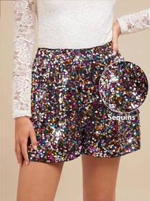 Amorya Pantalones cortos de mujer con decoración de lentejuelas brillantes en forma de A, elegantes pantalones cortos brillantes para fiestas navideñas - Multicolor - Ver 8