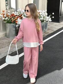 青春期女孩粉色、旅行、春夏、假期、返校节、休闲针织拼布、编织标记、圆领长袖上衣和裤子套装、返校毕业服装 - 粉色 - 查看 8