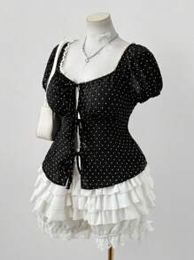 Sunspun 大码黑白圆点拼接泡泡袖蕾丝花边前系带衬衫，适合春、夏、秋季