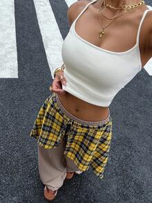 SHEIN EZwear 女式格子纯色拼接街头风格裤子 - 卡其色 - 查看 6