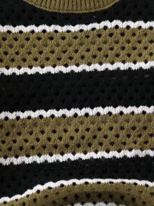 SHEIN Explorewe Suéter de cuello redondo con rayas gruesas para niños preadolescentes, verde militar, negro y blanco, adecuado para uso al aire libre, casual y en el hogar - Verde militar - Ver 8
