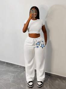 Slaydiva Quần ống đứng dáng suông, đơn giản, phong cách đường phố, thể thao, dây rút, màu trắng in hình ngôi sao, dành cho nữ. - trắng - Xem 6