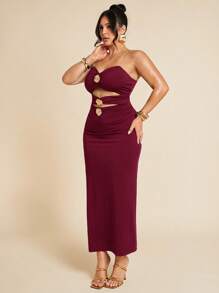 SHEIN BAE Große Größen Damen Schwarzes Metalldekor Ausschnitt-Kleid, Urlaub - Bordeaux - Übersicht 5
