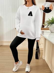 SHEIN 2pcs Maternity Contrast Color Print Round Neck Long Sleeve Solid Color Pants Set  Fall Clothes - Black and White - View 1