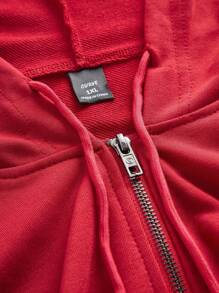 SHEIN EZwear 红色加大码女式做旧落肩拉链前开襟连帽卫衣 - 紅色 - 查看 3