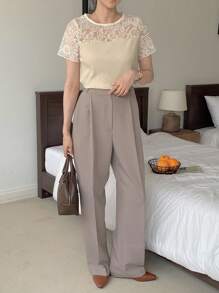 DAZY 女士优雅蕾丝拼布圆领短袖T恤，夏季 - 白色 - 查看 5