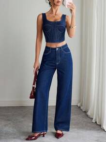 Elenzga Conjunto de top corto sin espalda y pantalones vaqueros para mujer, ideal para el día a día - Azul lavado oscuro - Ver 6