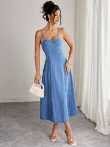 Elenzga Váy midi denim không tay thường ngày dành cho nữ - Rửa trung bình - Xem 6