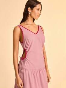 CAJUNI Contrast Color V-Neck Hollow Out Casual Summer Sleeveless Dress - Dusty Pink - View 3