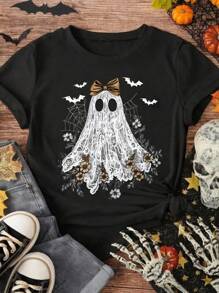EMERY ROSE 大码夏季休闲日常万圣节鬼魂印花短袖T恤 - 黑色 - 查看 3