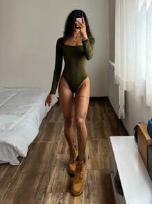 StreetHx 女士长袖紧身衣，棕色，修身剪裁，简约百搭，通勤适用 - 軍綠色 - 查看 5