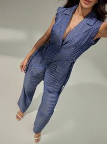 Modelyn 女士优雅竹节腰带两件套，时尚设计，适合春、夏、秋季 - 藍色 - 查看 5