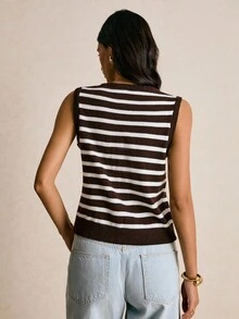 Poéselle 女士休闲条纹无袖开衫毛衣冬季女士条纹开衫轻松时尚必备 - 咖啡棕 - 查看 4