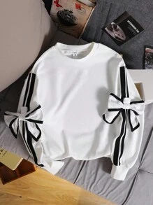 1pc Tween Girls' Oversized Y2k Crew Neck Sweatshirt With Detachable Bowknot Decorated Long Sleeve, Casual Pullover Top For Autumn Winter School - White - View 3