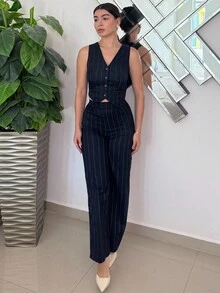 Andrea Bello 宽松条纹背心西装裤套装，海军蓝女士西装两件套，办公室女装套装，复古款，两件套，轻松时尚必备，办公室女士，商务装，教师装，秋季女装两件套 24 FW - 彩色 - 查看 6